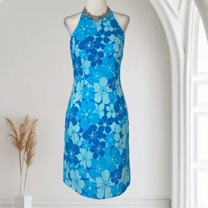 Early 2000’s Teal Blue White Hibiscus Hawaiian Flower Summer Halter Mini Dress S